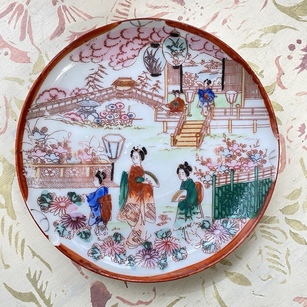 Vintage Hand Painted Geisha Japanese Garden Scene 5 1/4" Bread Plate Set Of 2 - Picture 6 of 6